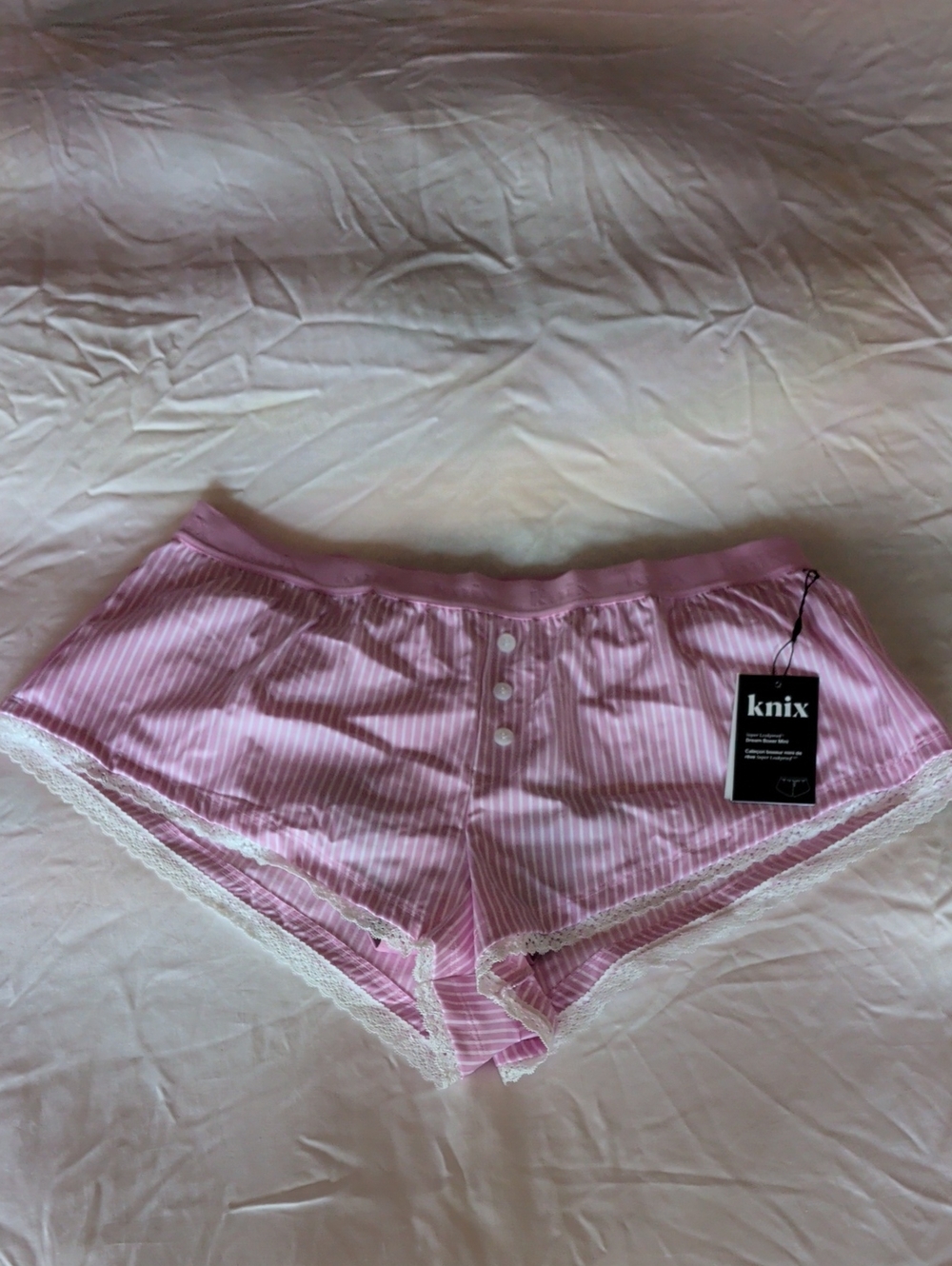 knix Pink & White Pinstripe Lace-Trim High-Waist Lounge Shorts